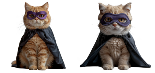 Two cute ginger cats wearing sparkly purple masks and black capes, sitting and looking forward, isolated on transparent background
