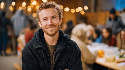 Fototapeta premium Positive homeless white man sitting at table in noisy cafeteria of homeless shelter, surrounded by other people, Christmas concept. As a result of winter's cold, harshness, warmth, holidays merge int