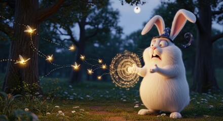 Whimsical bunny magician casting a spell in an enchanted forest under moonlight creating bright