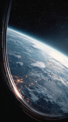 Fototapeta premium Earth horizon viewed from spacecraft window at night with city lights and stars glowing in space