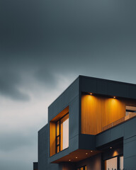 Contemporary dark house exterior with warm wood lighting
