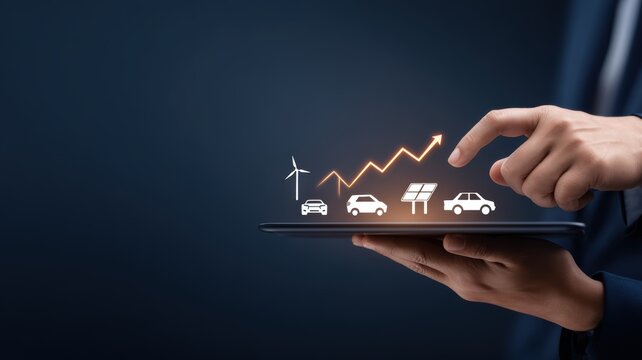 environmental policy climate strategy. Digital interface displaying growth in transportation and renewable energy sectors.