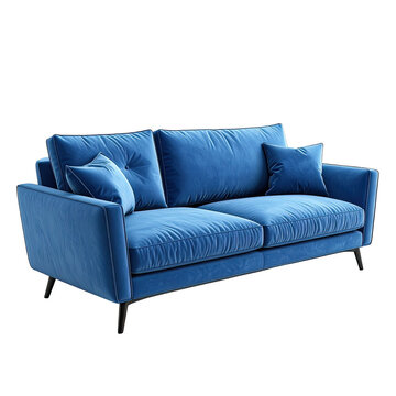 Luxurious, plush, blue velvet sofa with throw pillows, elegant design