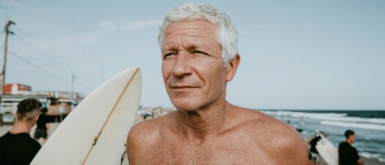 Authentic Active Senior Surfer at Beach with Board in Morning Light Premium Lifestyle Content for Wellness Marketing and Social Media Campaigns