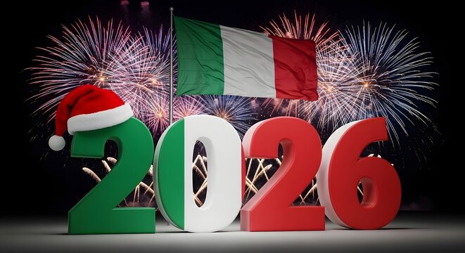 Italian new year celebration with fireworks and santa hat on the number 2
