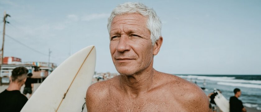 Authentic Active Senior Surfer at Beach with Board in Morning Light Premium Lifestyle Content for Wellness Marketing and Social Media Campaigns