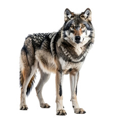 Obraz premium Majestic gray wolf standing, alert, facing the viewer, on a plain background