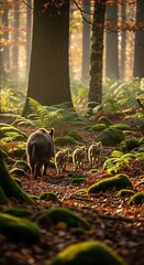 Wild Boar Family Foraging in Autumn Forest Sunlight.