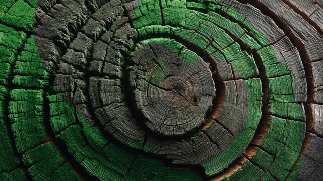 Tree ring close up with green moss cracked wood texture showing natural aging growth pattern and tree trunk cross section natural