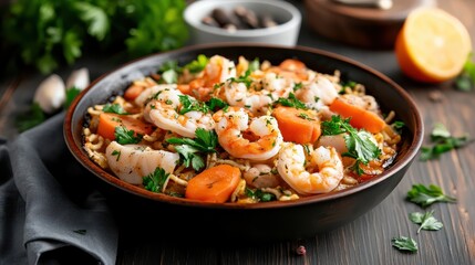 Shrimp and Scallop Stir-Fry with Carrots, Noodles, and Parsley in a Bowl on a Dark Wood Table - Asian Cuisine, Healthy Meal, Gourmet Food