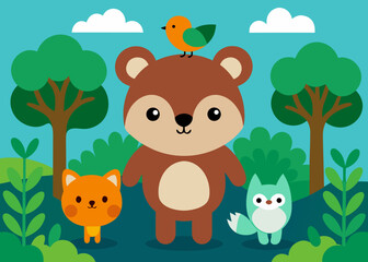 Naklejka premium cute cartoon animals forest collage