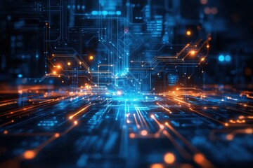 An abstract illustration of a glowing circuit board with blue and orange lights at night