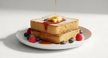 Stack of French Toast with Berries and Syrup Drizzle.