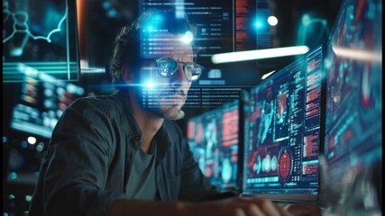 Male software developer programming on a computer with multiple monitors and a holographic interface - Powered by Adobe