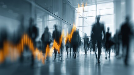 Urban Business Scene with Blurred People and Rising Graph on Glass Wall