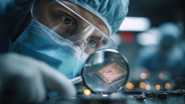 Close-Up Examination of a Semiconductor Chip in a High-Tech Laboratory Setting