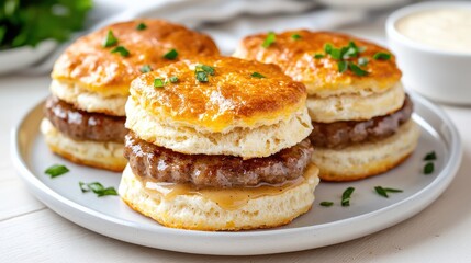Sausage Biscuit Sandwiches with Gravy, Garnished with Parsley, Served on a White Plate
