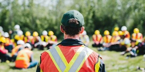 Professional Fire Warden Leading Outdoor Emergency Drill with Attentive Employees Authentic Corporate Safety Training for Modern Workplace Campaigns