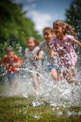Fototapeta premium Joyful Kids Playing Water Balloon Fight in Summer Outdoors Authentic Family Lifestyle Premium Content for Marketing Social Media Campaigns