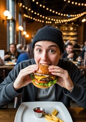 Man Enjoying a Large Burger at a Restaurant.