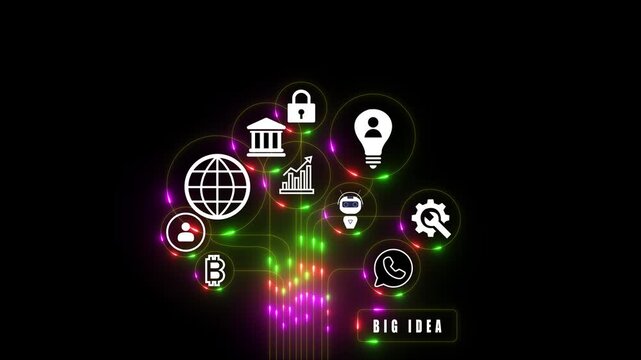 Shows glowing neon line of BIG IDEA concept with icons of vision, creativity, plan development, goal, knowledge and synergy Neon Business Icons ..