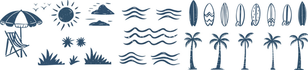 Grunge Style Large Set of Beach and Ocean Elements in Blue