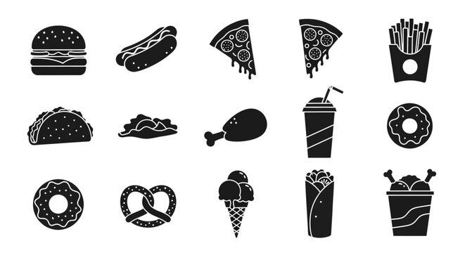 Assortment of Fast Food Icons in Black and White Silhouette Style.