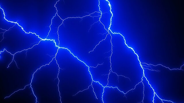 An electric blue lightning bolt strikes across a black sky, displaying an abstract and striking depiction of energy and natural power in nature's spectacle.