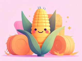 Cheerful Cute Corn Cob Character with Hay Bales 3D Harvest Illustration