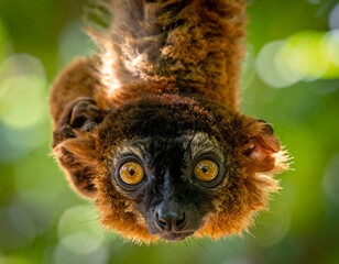 Obraz premium A close-up view of an upside-down, reddish-brown primate with large amber eyes against a blurred, leafy background