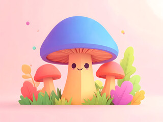 Cute Smiling Mushroom Character in Pastel Forest Illustration