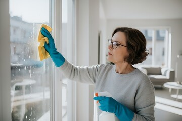 An elderly woman with brown hair and glasses is washing windows. Conceptualization of housekeeping, home care, and active living in adulthood.