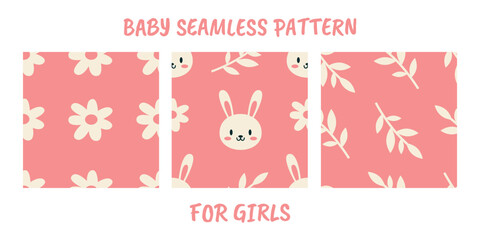 Seamless Baby Bunny Pattern in Pink Vector Set. Ideal for baby girl designs, textiles, and nursery decor.