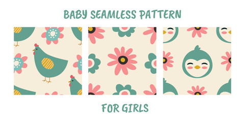 Cute seamless pattern set vector featuring hens, flowers, and bird faces in pastel colors. Perfect for baby girl designs, textiles, and nursery decor