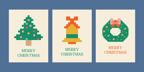 Festive Christmas Icons in Pixel Art Vector Illustration Set. Tree, bell, and wreath in pixel art style.