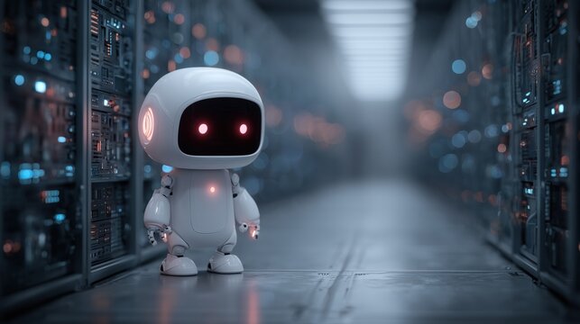 Cute robot character standing in a futuristic server room with glowing lights and technology