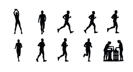 Fototapeta premium Silhouettes of People Exercising and Running in Various Poses.