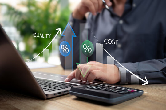 Cost Reduction and High Quality Control Concept, Businessman Managing Business Efficiency, Financial Strategy, Minimize Expenses, Improve Quality, Save Time, Corporate Optimization, Strategic, Profit