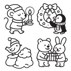 Cute animal Christmas coloring page, mouse with candle, penguin with wreath, bird, bear