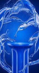 Elegant Blue Pedestal with Dynamic Water Splashes for Product Display.