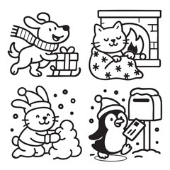 Dog scarf gift, cat blanket fireplace, rabbit snowball, penguin mailbox, all happy winter