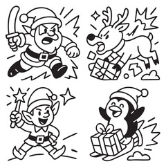 Angry Santa with sword, reindeer with gift, elf with wand, happy penguin sledding, festive scene