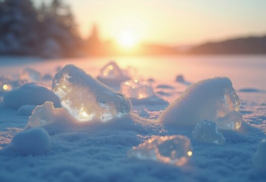Breathtaking Frozen Ice Formations Illuminated by Golden Morning Light Sparkling Crystal Display in Serene Winter Landscape