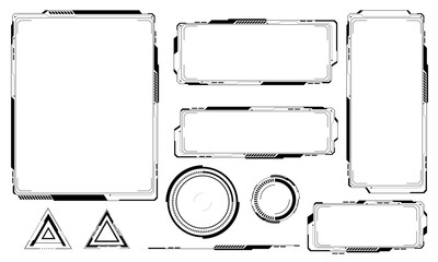 HUD frames black user interface elements set design modern technology futuristic control panel screen digital hologram window gaming menu touching cyber monitor set white background vector