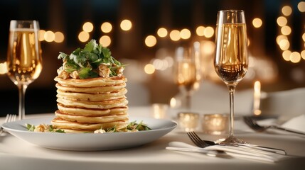 Naklejka premium Elegant Stack of Savory Pancakes with Champagne: A Sophisticated Culinary Experience for a Special Occasion