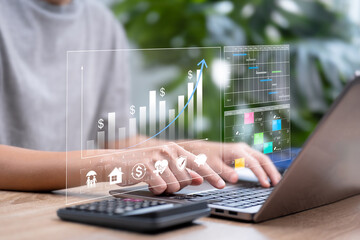 Annual Financial Planning and Expense Management Concept, Businesswoman Showing Yearly Expense Chart, Budget Planning, Tax Payment, Insurance, Household Finance Strategy Long-Term Financial Stability
