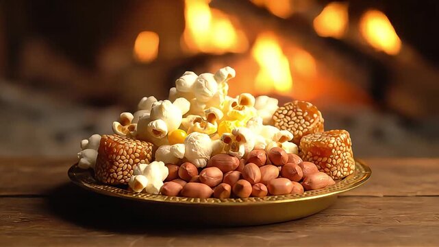 Capturing the spirit of lohri delicious traditional snacks popcorn peanuts and sweet rewari by a warm bonfire