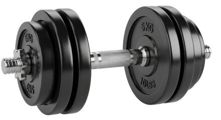 Shiny black dumbbell with adjustable weight plates for fitness training. Isolated on transparent