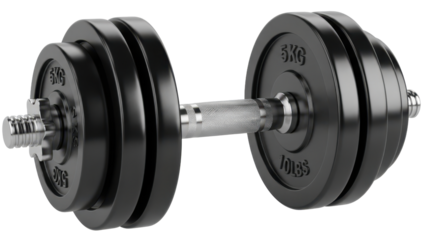 Shiny black dumbbell with adjustable weight plates for fitness training. Isolated on transparent