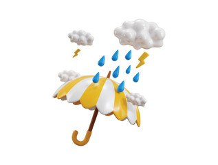 Umbrella with rain and clouds icon 3d render concept of Clouds, lightning and raindrops in sky icon vector illustration